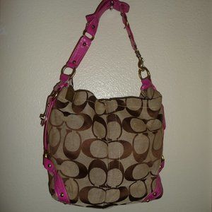 Coach "Carly" Signature C Canvas Purse Shoulder Bag Leather-Trim, Tan/Pink